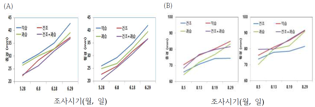 2018~2019년 토양수분 처리에 따른 과실 비대량 (A) 2018년, (B) 2019년