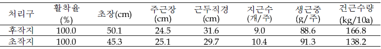 인삼 후작지 식재 도라지의 생육 및 수량(1년생, 2020)