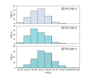 엽과비 처리에 따른 화산 과실 과중 분포도 (2019)