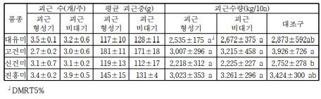 분질품종의 괴근 형성기 및 비대기 습해(담수)처리구의 괴근 수량