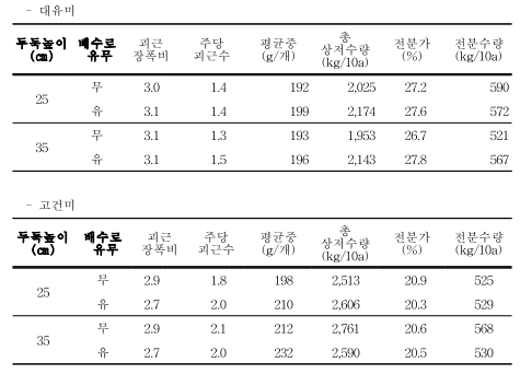 고구마 품종별 두둑높이와 배수로 유무에 따른 괴근 수량 및 특성