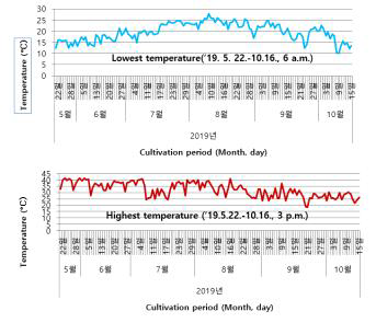 토양 이식 후 재배지 생육환경(최고/최저 온도)