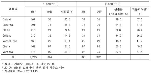 커피 계통별 연차간 생존율 및 저온 피해율