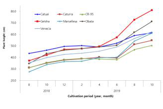 품종별 재배기간에 따른 수고 변화
