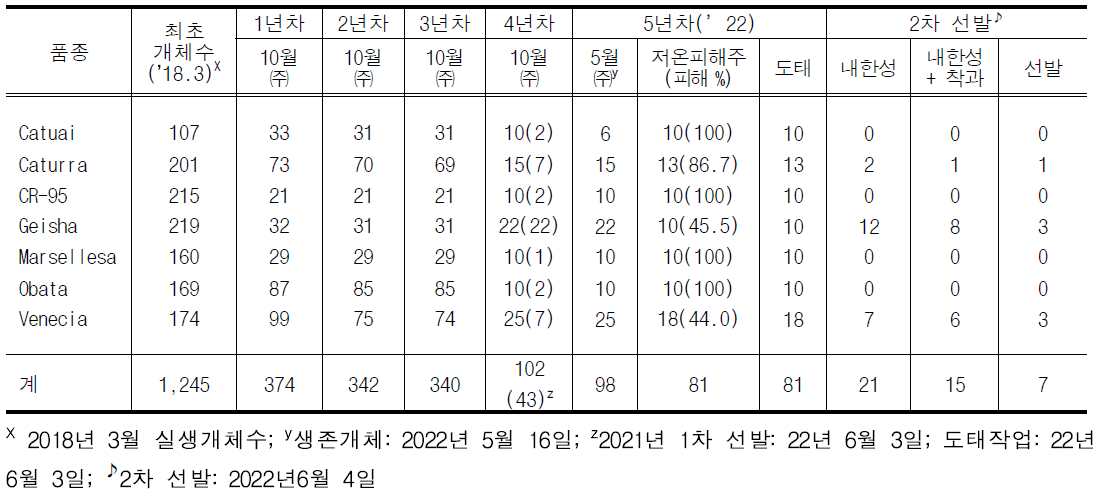 품종별 연차간 유지 개체수, 저온 피해, 도태 및 선발 결과