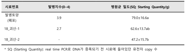 선발 토양의 뿌리썩음병원균 밀도 및 병 발생 조사