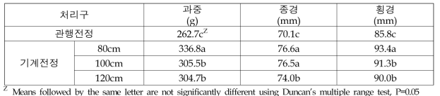 ‘후지’ 사과 동계 기계 전정 연계 기계적화 처리구의 과중 및 과실 크기