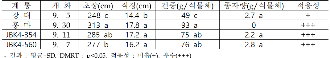 호밀+케나프 재배 후 절단 투입+저급하천수 투입 조건에서 선발계통 생육 우수