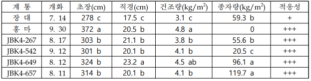 선발계통 4개 비교품종(장대)과 농업형질 비교 : 6개 형질