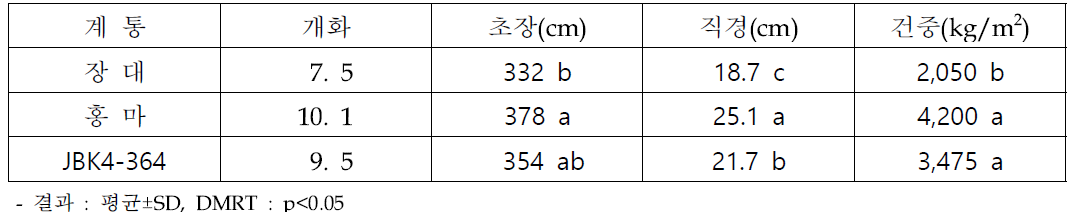 재식거리 20x20cm에서 선발 계통 대조구(장대) 대비 생육 우수