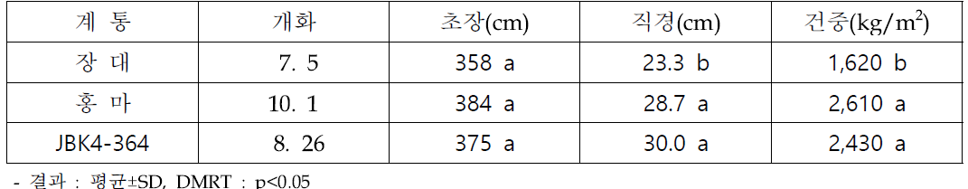 재식거리 50x20cm에서 선발 계통 대조구(장대) 대비 생육 우수