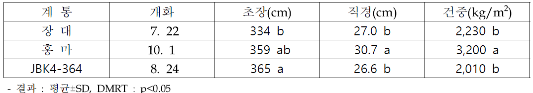 재식거리 50x20cm에서 선발 계통 대조구(장대) 대비 생육 우수