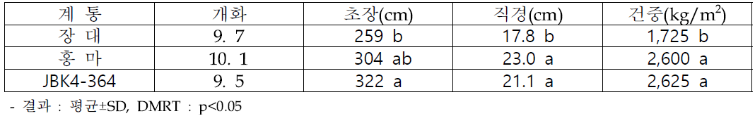 재식거리 20x20cm에서 선발 계통 대조구(장대) 대비 생육 우수