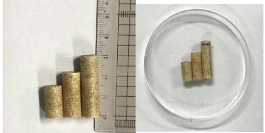 왼쪽부터 1.0 g, 1.5 g, 2.0 g (80<x<20)의 1차 수령 케나프 펠릿