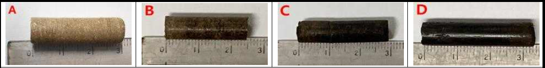 열수탄화 케나프의 펠릿화 형태 A: 케나프, B: 160℃, C: 200℃, D: 240℃
