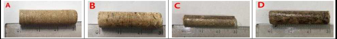 반탄화 케나프의 펠릿화 형태 A: 케나프, B: 160℃, C: 200℃, D: 240℃