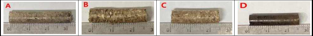 회분저감 반탄화 케나프의 펠릿화 형태 A: 케나프, B: 160℃, C: 200℃, D: 240℃