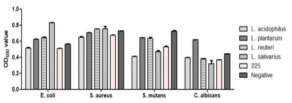 4가지 병원균(E. coli, S. aureus, S. mutans, C. albicans)에 대한 항균활성 테스트