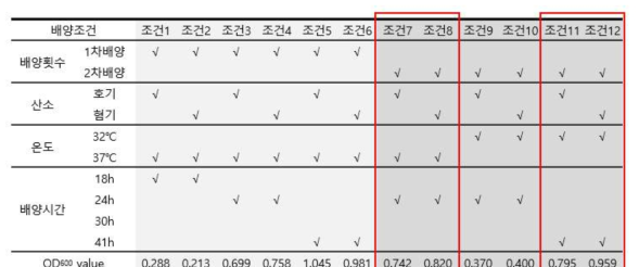 배양횟수, 산소, 온도, 배양시간 등 다양한 배양조건에 따른 미생물 성장(OD값) 비교