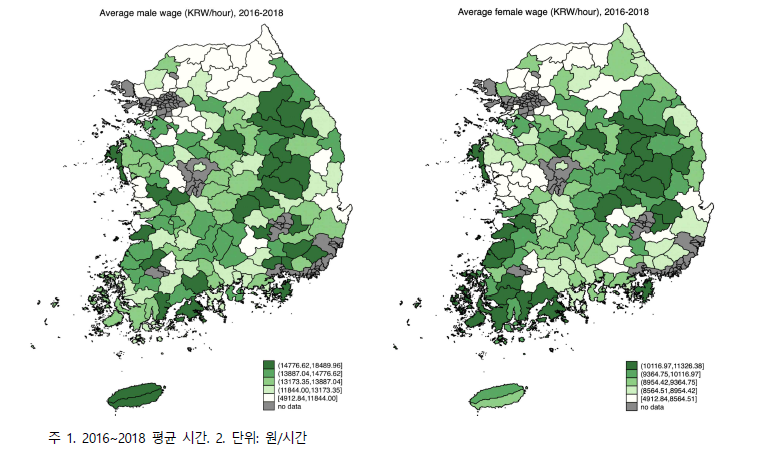 전국 시군 평균 고용노동 임금 비교: 남자, 여자