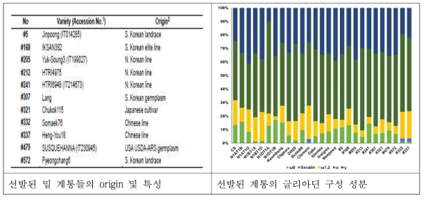 본 연구에서 선발된 밀 계통 및 글리아딘 composition