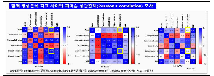 참깨 영상분석 지표 사이의 Pearson’s correlation 조사