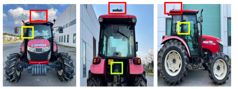모듈형 조향 제어시스템 적용 (Red box : RTK-GPS, Green box : IMU, Yellow box : HMI)