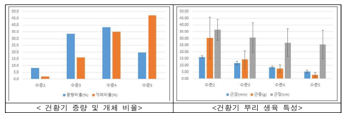 1년생 건황기 근경별 비율 및 뿌리 생육 특성