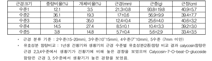 생황기 근경별 비율 및 뿌리특성