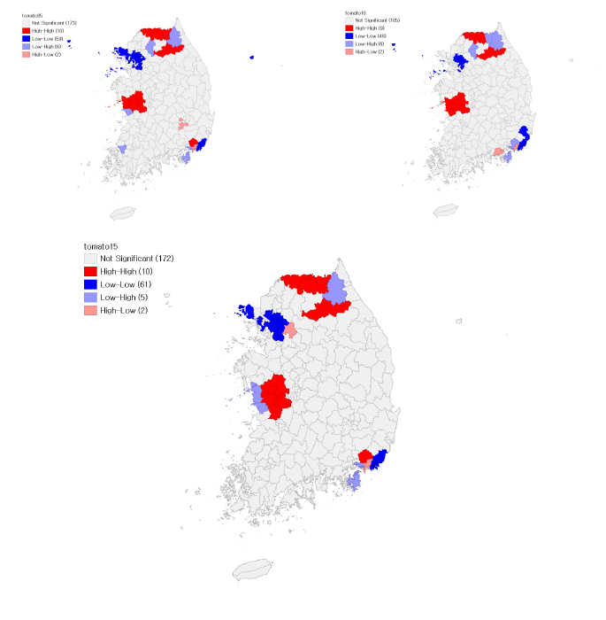 시설토마토 LISA 분석 결과(좌상단부터 2005, 2010, 2015년)