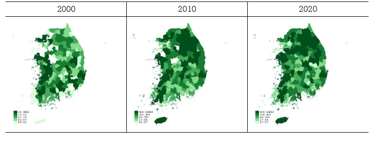 재배면적 기준 무 주산지 변화