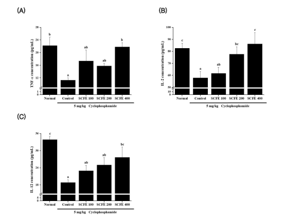 혈중 cytokine 함량 분석 (A) TNF-α, (B) IL-2, (C) IL-12