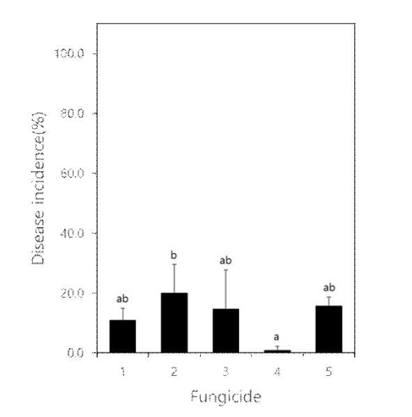 살균제 경엽 처리의 병 발생 억제 효과. 처리구 1; benomyl, 2; pyraclostrobin, 3; fludioxonil, 4; Metconazole, 5; Untreated control.