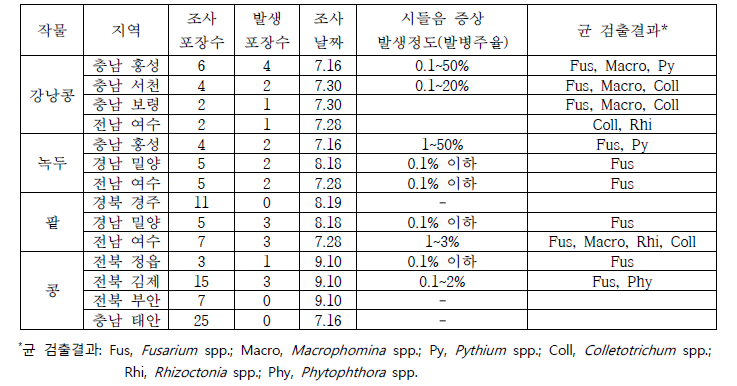 두류작물 시들음병 발생 조사 및 균 검출 결과