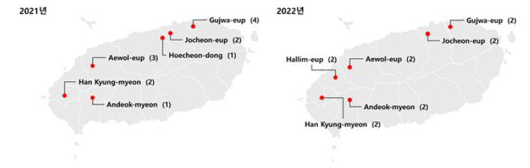 2021년과 2022년에 병든 콩을 채집한 제주 지역. ()의 숫자는 채집 포장 수.