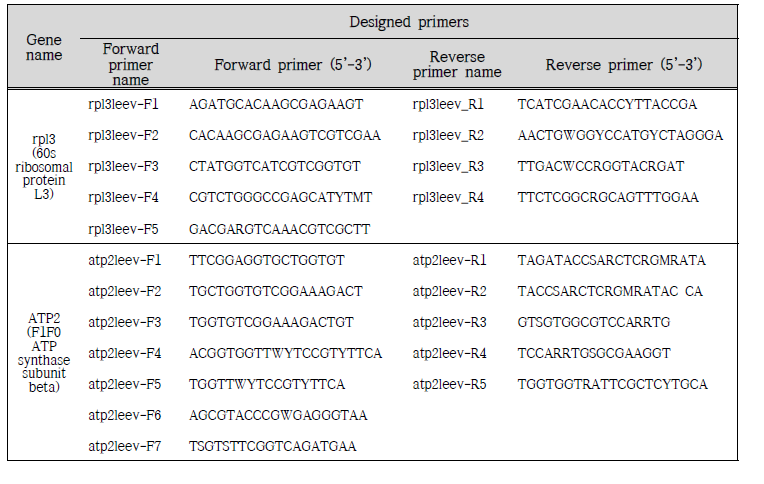 새롭게 디자인한 rpl3 및 ATP2 유전자의 녹병균 특이적 PCR 프라이머