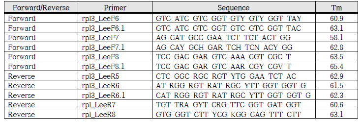 녹병균 rpl3 아미노산 서열을 바탕으로 새롭게 디자인된 primer 목록
