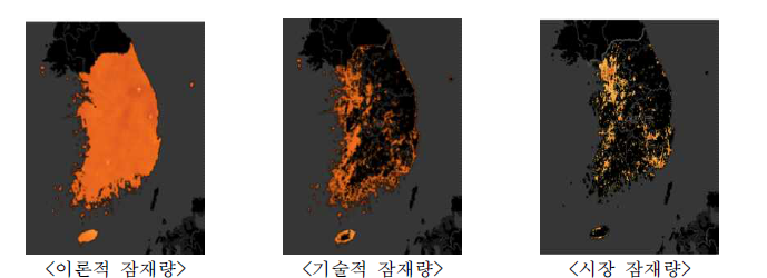 천부 (지하 300m 지층) 지열 에너지 잠재량 (색이 붉을수록 잠재량이 높음)>