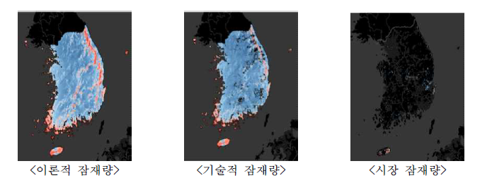 육상 풍력에너지 잠재량 (색이 붉을수록 잠재량이 높음)