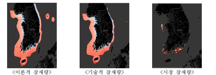 해상 풍력에너지 잠재량 (색이 붉을수록 잠재량이 높음)