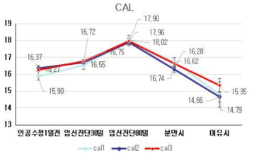 L 모돈 임신기 등각 변화. CAL, Back Angle Caliper