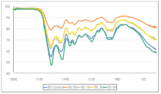 . FTIR analysis of dissolved silk fibroin upon alkali treatment and subsequent B. subtilis treatment for 5 days. 5D Control: B. subtilis was grown in R2A media for 5 days devoid of fibroin, dialysed for 3days, autoclaved and lyophilized; The other samples corresponds to dissolved degummed cocoon upon subjecting to following treatments; 5D 0H: Alkali treatment for 0 hour followed by B. subtilis treatment for 5 days; 5D 1H: Alkali treatment for 1 hour followed by B. subtilis treatment for 5 days; 5D 3H: Alkali treatment for 3 hours followed by B. subtilis treatment for 5 days; 5D 5H: Alkali treatment for 5 hours followed by B. subtilis treatment for 5 day