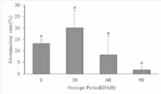양미역취 종자의 저장기간별 발아율 변화(상온 저장)