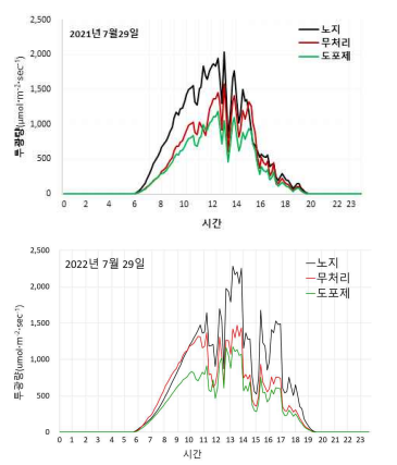 차광도포제 처리에 의한 비가림 덕면 부위 투광량 변화