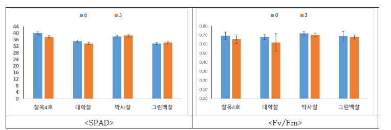 토양 염농도별 엽록소(SPAD) 및 광합성 효율(Fv/Fm) 비교