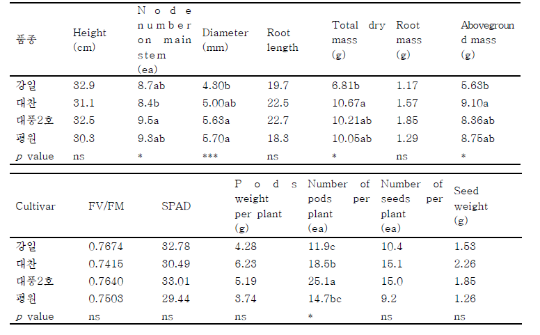 콩 품종에 따른 생육 및 수량비교