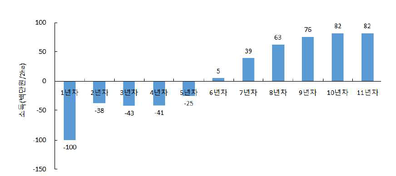 자두 목표소득 5천만원 달성을 위한 재식연차별 소득변화