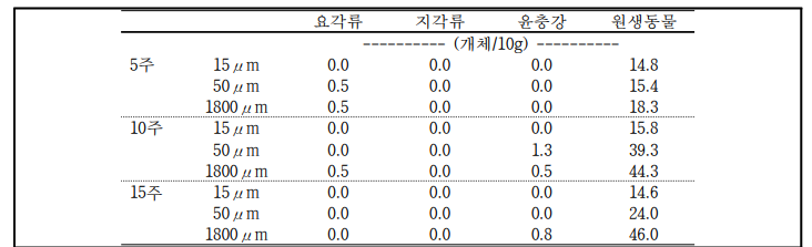 마이크로코즘의 메쉬 크기에 따른 저서생물 밀도변화