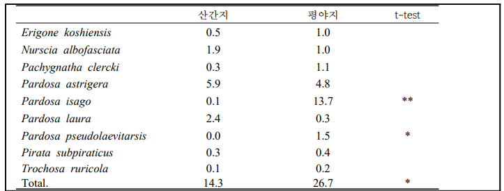 논둑에 서식하는 토양성 거미 종류