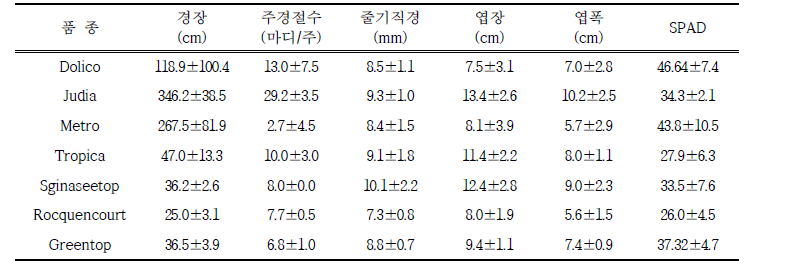 가을작형 이식재배 생육특성 (조사일: 10. 22.)